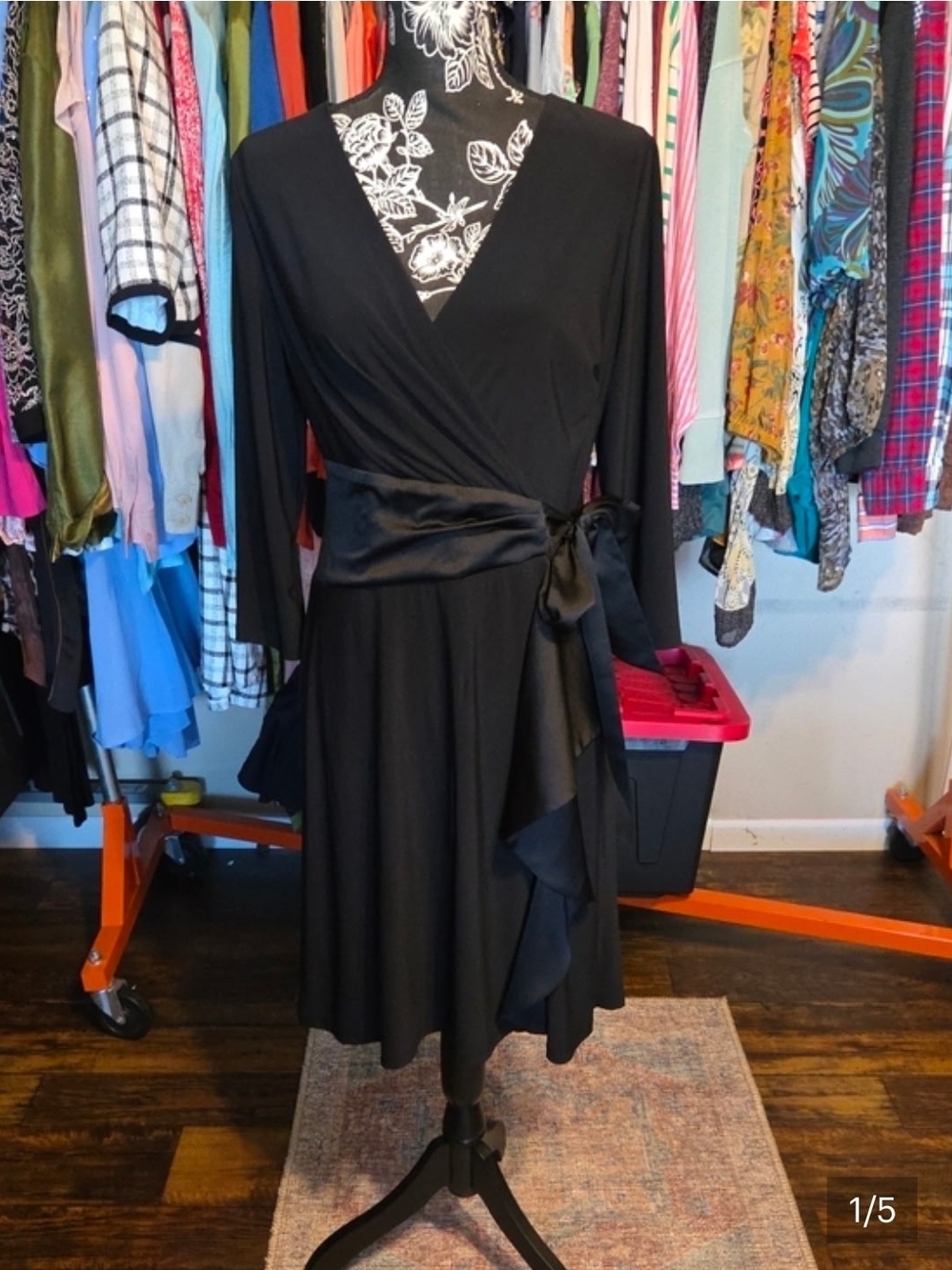Lauren Ralph Lauren Black Wrap Midi Dress with Satin Waist Tie